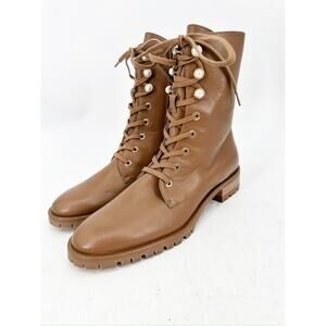 Stuart Weitzman Laine Boot Tan Combat Lace Up Pearl Button 7.5